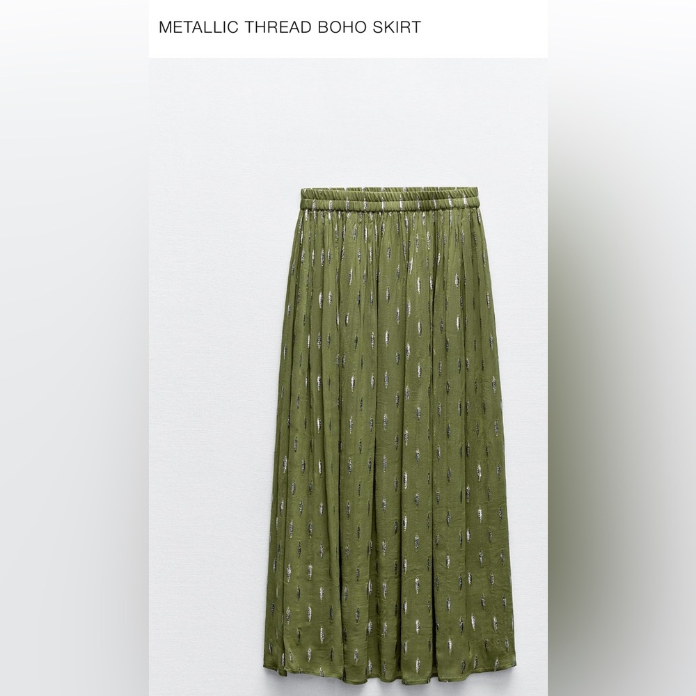 Zara | Boho Skirt with Metallic Thread | Olive Green with Silver | sz XL - Picture 2 of 6